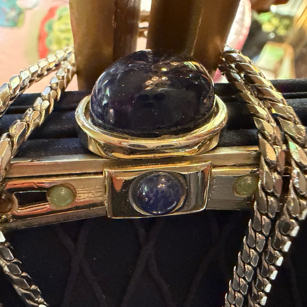 Judith Leiber navy blue Quilted Clutch with Gold Chain - Picture 5 of 6